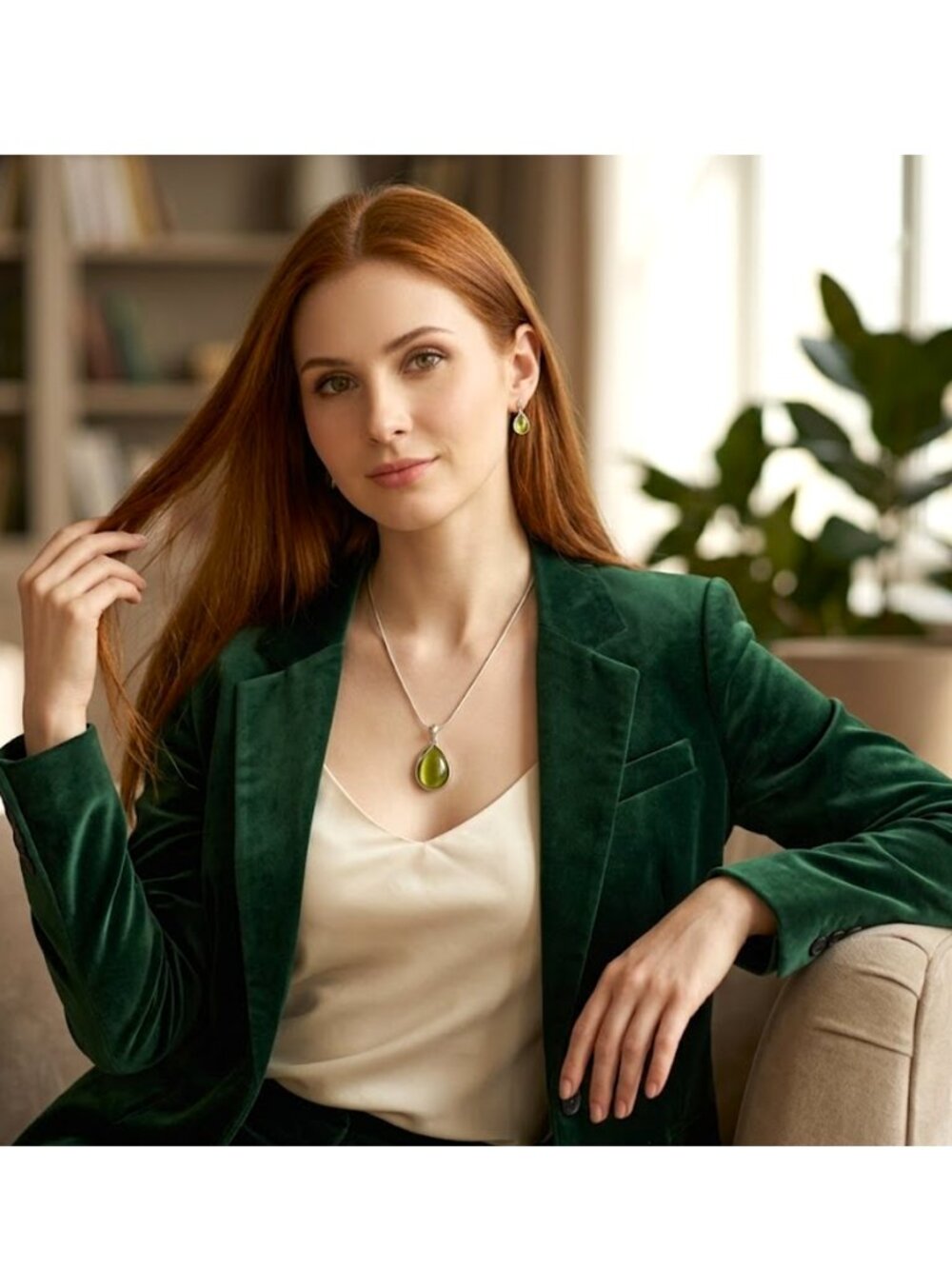 (3 for $15) NECKLACE - Olive green teardrop medallion on a silver chain